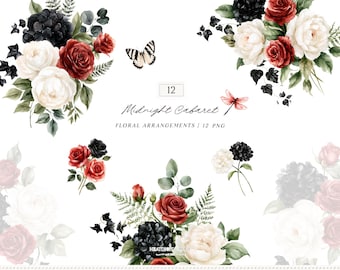 Watercolor Gothic Floral Arrangements, Midnight Cabaret Black Red Roses Halloween PNG Collection (Digital Download)