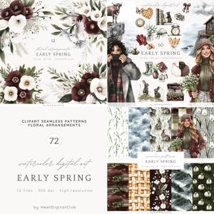Watercolor Early Spring Clipart, Gloomy Cozy Spring Clip Art, Spring PNG, Moody Cute Spring, seasonal, watercolor girl, digital stickers