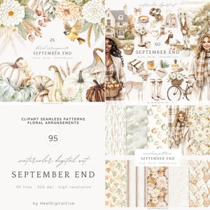 Ensemble de cliparts aquarelle fin septembre, clipart automne, automne confortable neutre PNG, citrouilles, filles de la mode, Cottagecore, téléchargement numérique autocollants