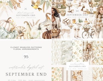 Puede incluir: Conjunto de arte digital en acuarela con ilustraciones de temática otoñal. La imagen incluye arreglos florales, calabazas, una mujer con una cesta y patrones sin costuras. El texto dice "SEPTEMBER END" y "floral arrangements". El conjunto incluye 25, 60 y 95 archivos.
