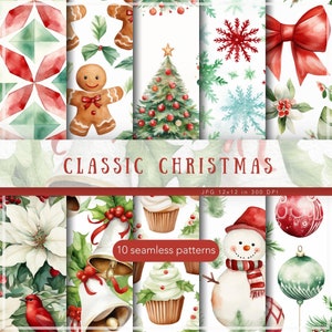 Può includere: Dieci motivi digitali senza cuciture con illustrazioni ad acquerello di elementi natalizi, tra cui un omino di pan di zenzero, un albero di Natale, fiocchi di neve, un fiocco, una stella di Natale, campane, cupcake, un pupazzo di neve e ornamenti. I motivi sono di 12x12 pollici e 300 DPI.