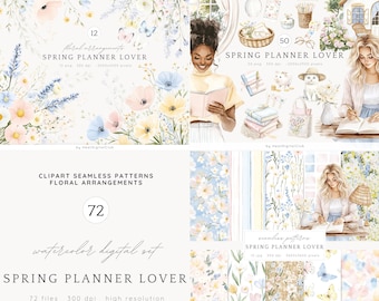 Watercolor Spring Planner Lover Clipart, Planner Clip Art, Planner Girl PNG Bundle, Cozy Pastel Planning, Commercial Use, Digital stickers