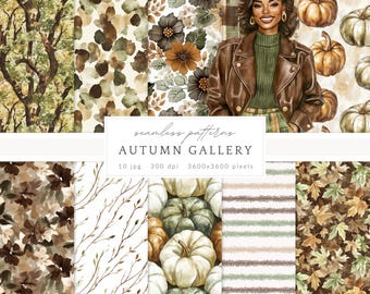 Könnte beinhalten: Eine digitale Kunstsammlung mit nahtlosen Mustern zum Thema Herbst. Die Designs umfassen Blumen-, Karo- und Kürbismotive in Braun-, Grün- und Beigetönen. Das Bild enthält auch eine Aquarellillustration einer Frau in einer braunen Lederjacke.