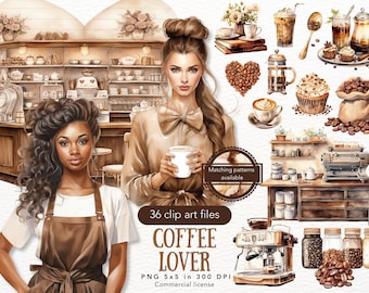 Watercolor Coffee Lover Clipart Bundle, Coffee Drinks Clip art, Barista, Coffee Shop, Latte, Cappuccino Cup, Coffee PNG, Commercial Use