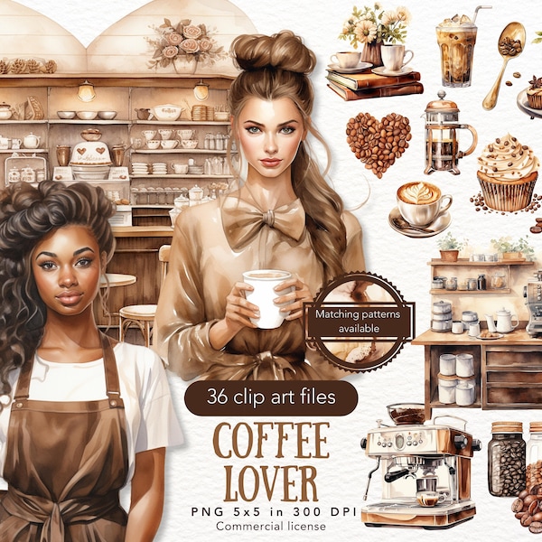 Pacchetto di clipart per amanti del caffè ad acquerello, clip art di bevande al caffè, barista, caffetteria, latte, tazza di cappuccino, caffè PNG, uso commerciale