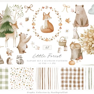 Watercolor Woodland Clipart and Seamless Patterns Bundle, Little Forest Kids Nursery Graphics (Digital Download)