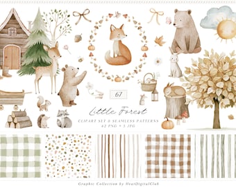 Watercolor Woodland Clipart and Seamless Patterns Bundle, Little Forest Kids Nursery Graphics (Digital Download)