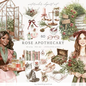 Conjunto de clipart de boticário de rosas em aquarela, boticário vintage PNG, ervas, garrafas, elementos de jardim, medicina natural, floral, download digital