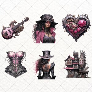 May include: A set of six digital illustrations featuring a steampunk theme. The illustrations include a woman with pink hair wearing a black and pink outfit and a top hat, a pink and black corset, a pink and black electric guitar, a pink and silver heart with gears, and a pink and grey building with gears.