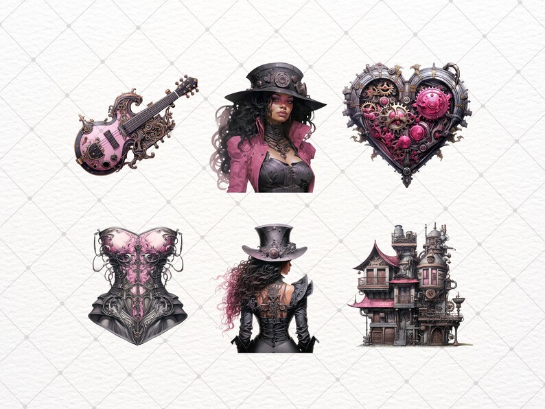 May include: A set of six digital illustrations featuring a steampunk theme. The illustrations include a woman with pink hair wearing a black and pink outfit and a top hat, a pink and black corset, a pink and black electric guitar, a pink and silver heart with gears, and a pink and grey building with gears.