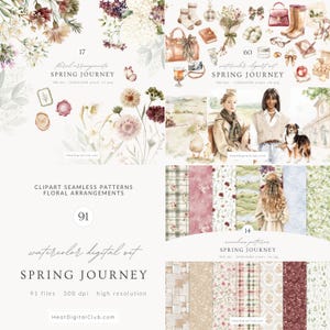 May include: A digital art collection named "Spring Journey" with watercolour illustrations of floral arrangements and seamless patterns. The collection includes 91 files at 300 dpi resolution. The image also includes the text "floral arrangements" and "watercolor digital set".