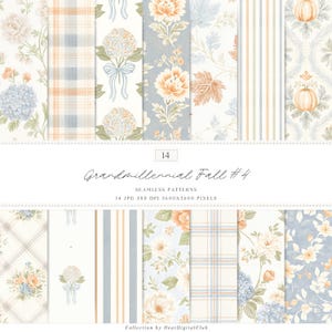 Puede incluir: Una colección de 14 patrones digitales sin costuras con motivos florales, calabazas, cuadros y rayas en tonos suaves de azul, naranja y crema. El texto dice 14 Grandmillennial Fall #4 SEAMLESS PATTERNS 14 JPG 300 DPI 3600X3600 PIXELS.