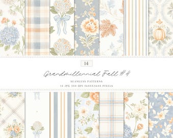 Watercolor Grandmillennial Fall 4 Seamless Patterns, Autumn  Floral Tile, Stripes, Plaid (Digital Download)