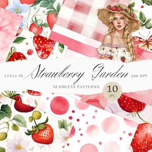Puede incluir: Un conjunto de 10 patrones digitales sin costuras con fresas, flores y lunares en rosa, rojo y blanco. Los patrones son de 30,5 x 30,5 cm y 300 DPI. "Strawberry Garden" está escrito en cursiva en la parte superior de la imagen.