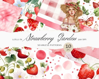 Watercolor Strawberry Garden Seamless Patterns,Berries Pattern JPEG, Butterflies Digital Download, Repeating pattern, Scrapbook Paper