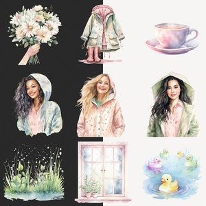 Akvarell regnig vår Clipart, mysig vår Clip Art, blommig grafik, söt vår, blommor, säsongsbetonad, akvarell flicka, digitala klistermärken bild 4