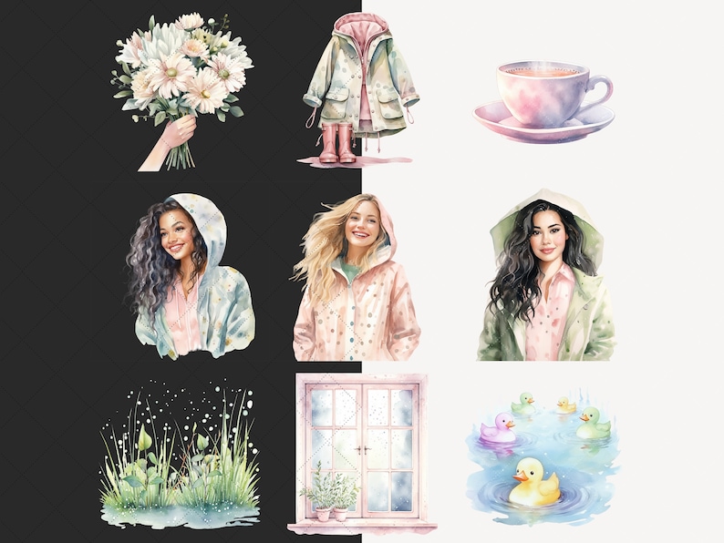 Akvarell regnig vår Clipart, mysig vår Clip Art, blommig grafik, söt vår, blommor, säsongsbetonad, akvarell flicka, digitala klistermärken bild 4