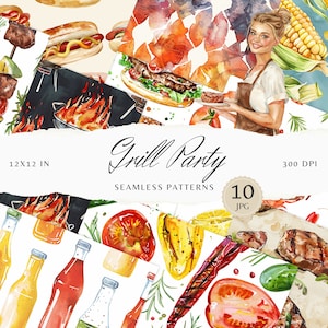 May include: Ten watercolor seamless patterns featuring grill party elements. The patterns include images of grilled meat, corn on the cob, hot dogs, burgers, peppers, tomatoes, lemons, rosemary, and bottles of condiments. The patterns are 12x12 inches and 300 DPI.