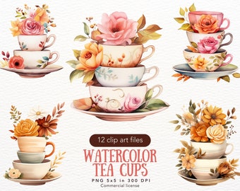 Watercolor Teacup Clipart - Fall Tea Party, Pastel PNG, Commercial Use, For Kids Birthday Invites, Card Making, Crafts, Stickers, Journals