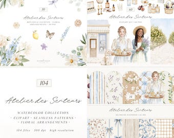 Watercolor French Atelier Perfume Clipart Patterns, Cottagecore Lavender Botanical Elements (Digital Download)