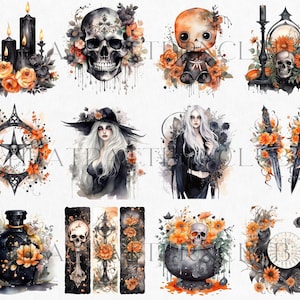 May include: A set of 12 digital illustrations featuring a spooky Halloween theme. The illustrations include a skull, a witch, a cauldron, a compass, a bottle, a doll, candles, and more. The illustrations are in a watercolor style and feature orange and black colors.