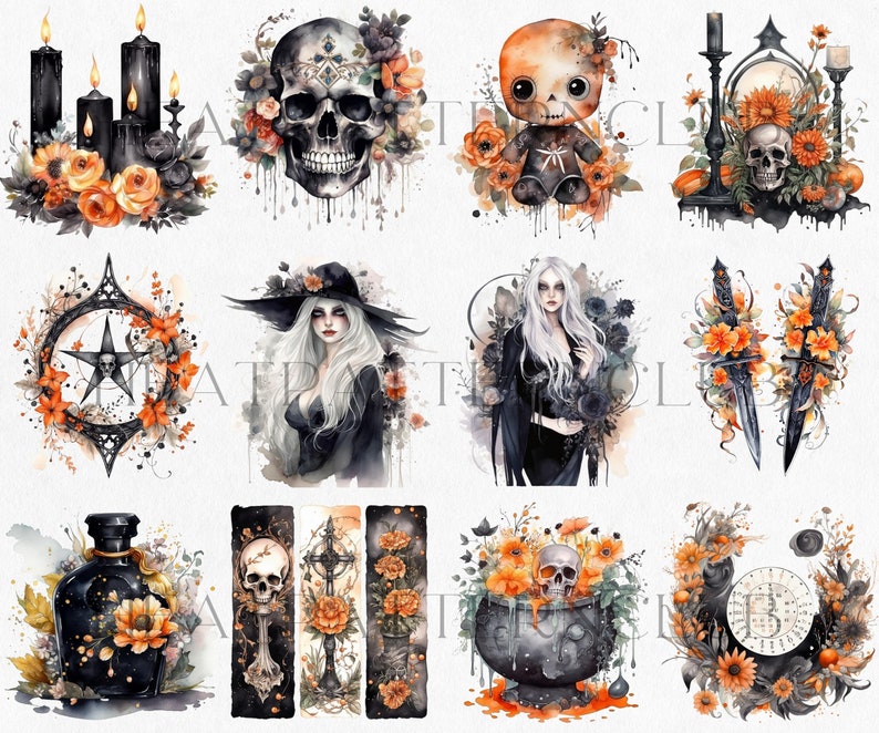 May include: A set of 12 digital illustrations featuring a spooky Halloween theme. The illustrations include a skull, a witch, a cauldron, a compass, a bottle, a doll, candles, and more. The illustrations are in a watercolor style and feature orange and black colors.