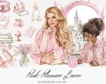 Planificateur rose aquarelle fille Clipart PNG (téléchargement numérique)