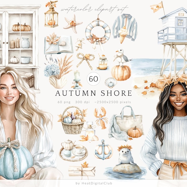 Aquarell Herbst Ufer Clipart, Küsten Herbst PNG Set, Ozean Herbst Elemente, Herbst Strand PNG, Pastell Herbst, Cottagecore, digitaler Download