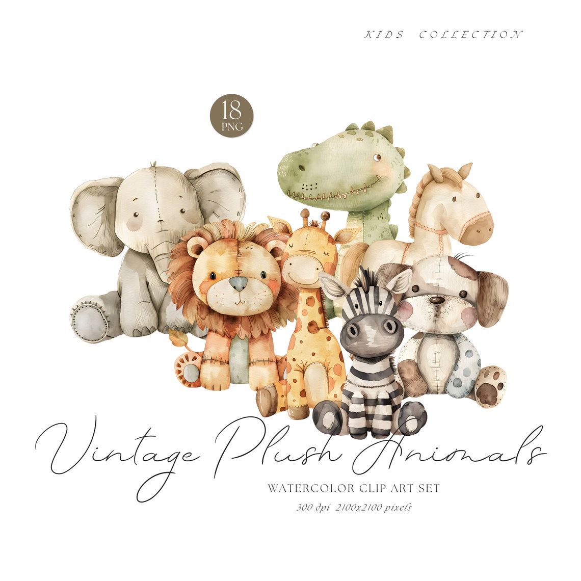 Watercolor Plush Animal Clipart, Vintage Nursery Art (digital Download ...