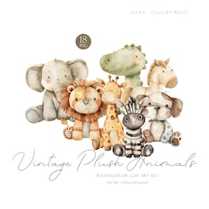 Pacote de clipart de animais de pelúcia vintage em aquarela, clipart de animais de berçário, convite para festa de chá de bebê PNG, decoração de animais de bebê para scrapbooking