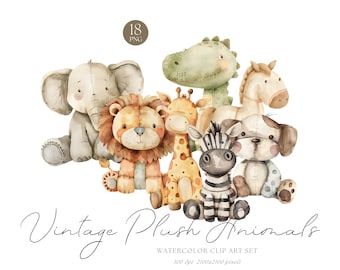 Aquarel vintage pluche dieren clipart bundel, kinderkamer dieren illustraties, babyshower party uitnodiging png, baby dier decor scrapbooking