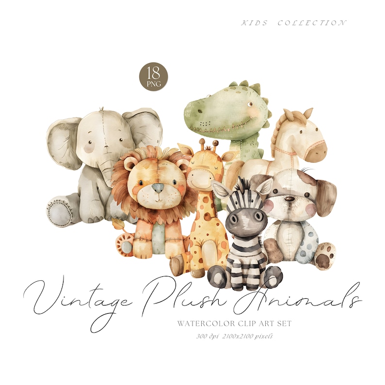 Watercolor Plush Animal Clipart, Vintage Nursery Art (digital Download ...