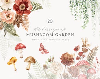 Aquarell Pilz Garten Blumenarrangements, Pilz Blumen, Wald Botanische Clipart, Cottagecore Florals PNG, digitaler Download