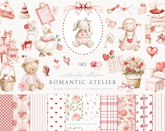 Watercolor Valentine’s Day Clipart, Romantic Atelier PNG, Cute Vintage Toys Clipart, Pink Red Nursery Clipart, Love Clipart Digital Download