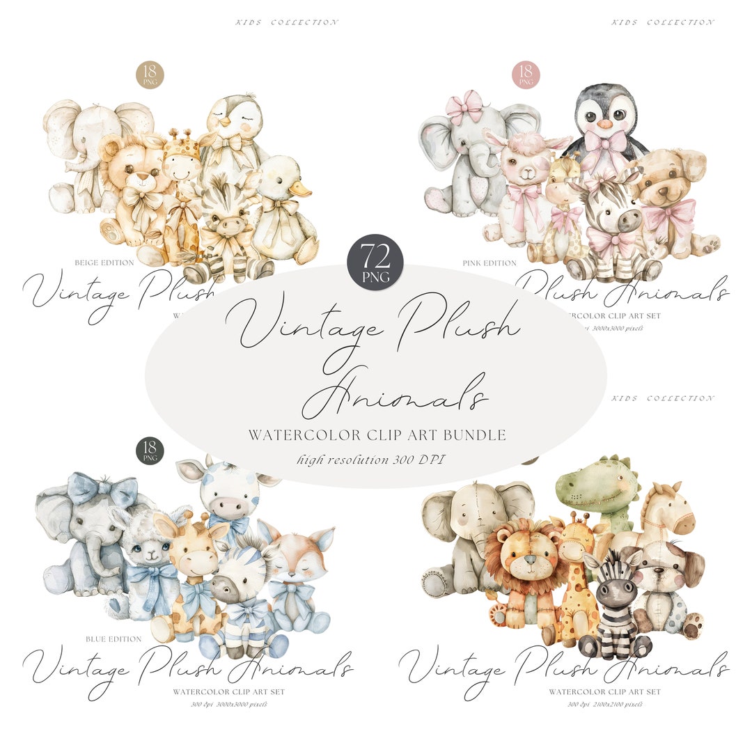 Watercolor Plush Animals Clipart, Vintage Nursery Art, PNG (digital ...