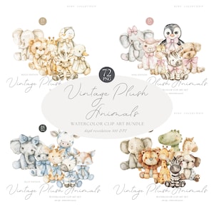 Paquete de imágenes prediseñadas de animales de peluche vintage en acuarela, imágenes prediseñadas de animales de guardería, invitación a fiesta de baby shower PNG, decoración de animales de bebé para álbumes de recortes