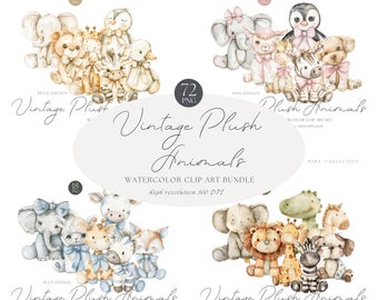 Watercolor Vintage Plush Animals Clipart Bundle, Nursery Animal Clip Art, Baby Shower Party Invite PNG,  Baby Animal Decor Scrapbooking