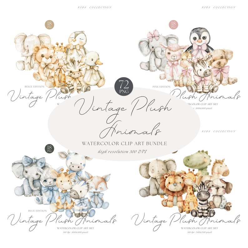 Watercolor Plush Animals Clipart, Vintage Nursery Art, PNG (digital ...