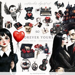 Aquarell Gruselige Valentinstag Clipart, Gruselige Valentinstag Clip Art, Gothic Liebe, Anti Valentinstag Clipart Set PNG, digitaler Download