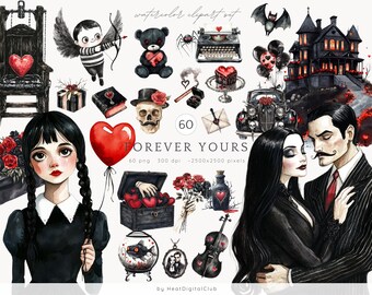 Watercolor Spooky Valentines Day Clipart, Creepy Valentine Clip Art, Gothic Love,  Anti Valentines Day clipart set PNG, digital download