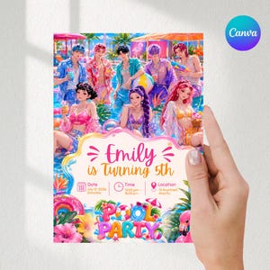 Può includere: Un invito per una festa in piscina con personaggi in stile anime in costume da bagno, fiori tropicali e salvagenti. Il testo recita: Emily is Turning 5th, Date July 12 2026 Saturday, Time 12:00 pm - 16:00 pm, Location 12 AnyStreet, AnyCity.