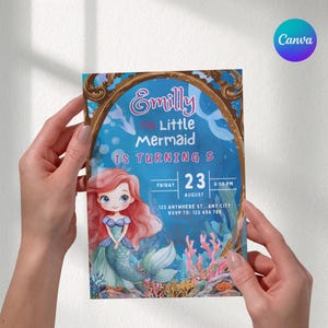 Faire-part d'anniversaire modifiable petite sirène, modèle d'invitation d'anniversaire de princesse Ariel, invitation de partie d'anniversaire d'enfants, invitation imprimable
