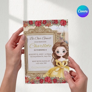 Invito di compleanno modificabile di Belle, invito di compleanno di La Bella e la Bestia, invito di compleanno di una principessa, invito modificabile e stampabile