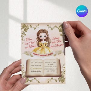 Editable Belle Invitation, Beauty and The Beast Birthday Invite, Princess Birthday Invitation, Editable and Printable Invitation