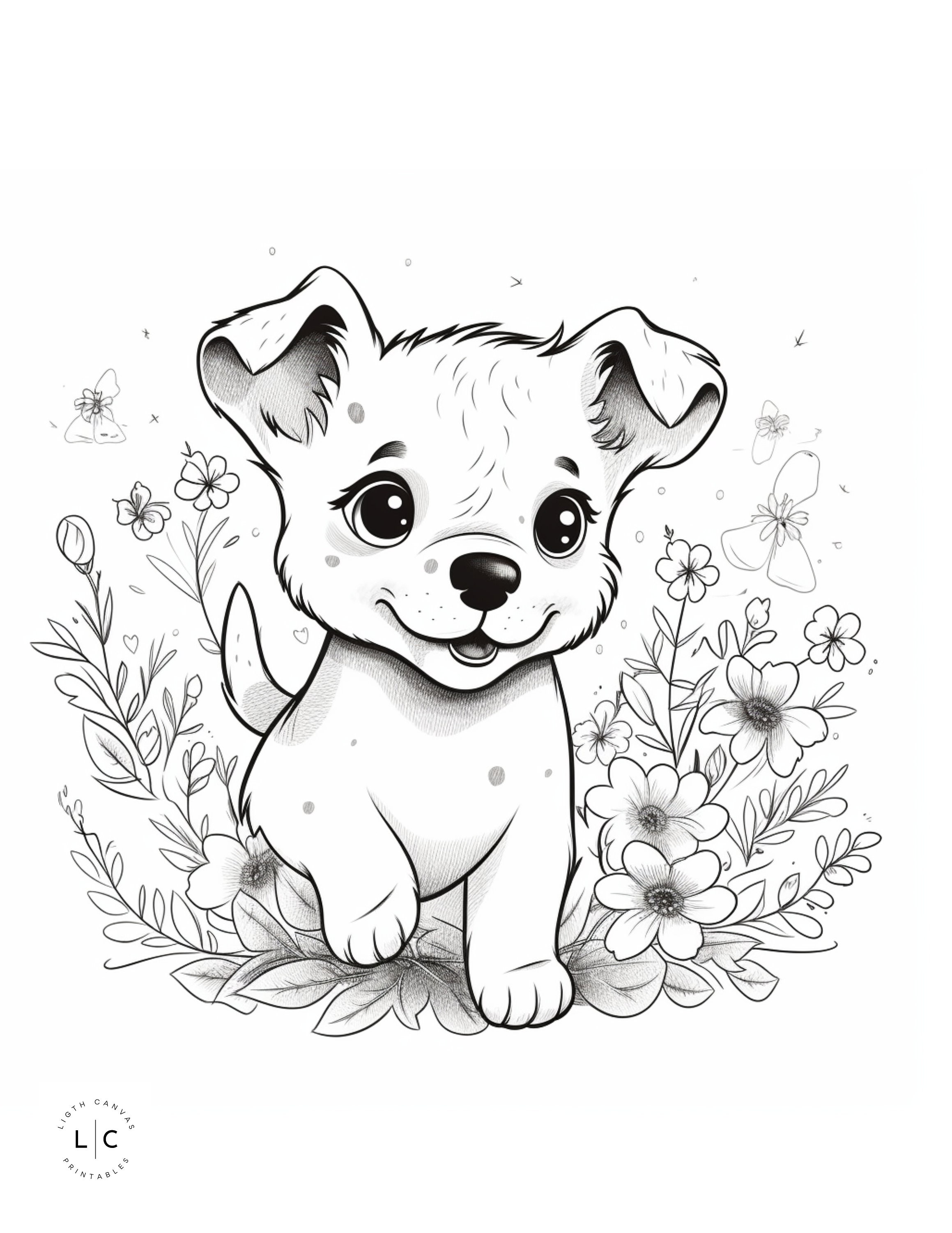 Cute Puppies Childrens Coloring Page. Baby Dog Coloring Pages. Kids