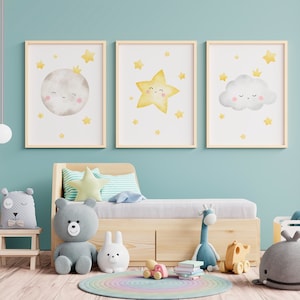 Lote 3 carteles infantiles en acuarela, estrella, nube, luna, decoración habitación infantil, regalo para bebé, padres, bebé, poca ternura,