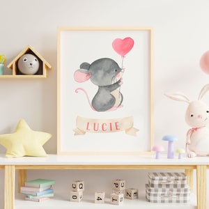 Póster personalizado con el nombre de su hijo, decoración de la habitación de los niños, regalo para niño, padre, bebé, ratón de acuarela, animales