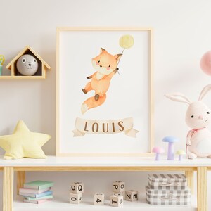 Affiche personnalisée avec le prénom de votre enfant, déco chambre d'enfant, cadeau pour enfant, parent, bébé, renard aquarelle, animaux