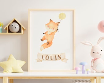 Gepersonaliseerde poster met de voornaam van uw kind, kinderkamerdecoratie, cadeau voor kind, ouder, baby, aquarelvos, dieren