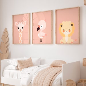 Set mit 3 Postern mit Tierbabys, 9 Farben zur Auswahl, Geschenk zur Geburt, Dekoration für das Kinderzimmer, Poster mit Tieren in Pastelltönen, Mädchen oder Junge
